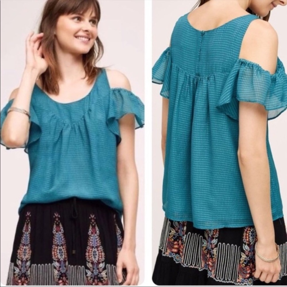 ANTHROPOLOGIE MAEVE TAVIN RUFFLE COLD SHOULDER TOP